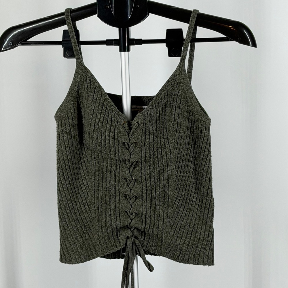 American Eagle Outfitters Lace Up Ribbed Knit Cami Top Olive Green XS